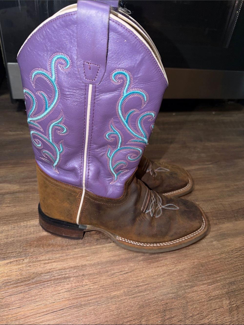 Old West Girl's Square Toe Leather Western Boot Brown with Purple Top size 6D